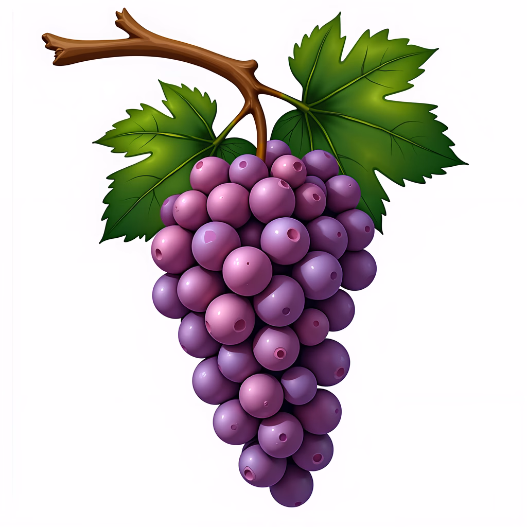 Vibrant purple grapes hanging from a vine, surrounded by green leaves on a white background.