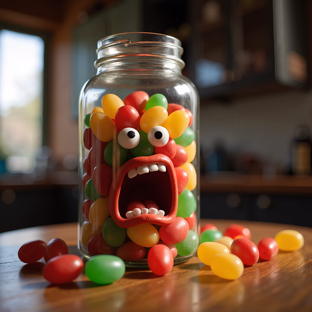 Whimsical gummy monster inside a jar filled with colorful candies, creating a fun and playful scene.