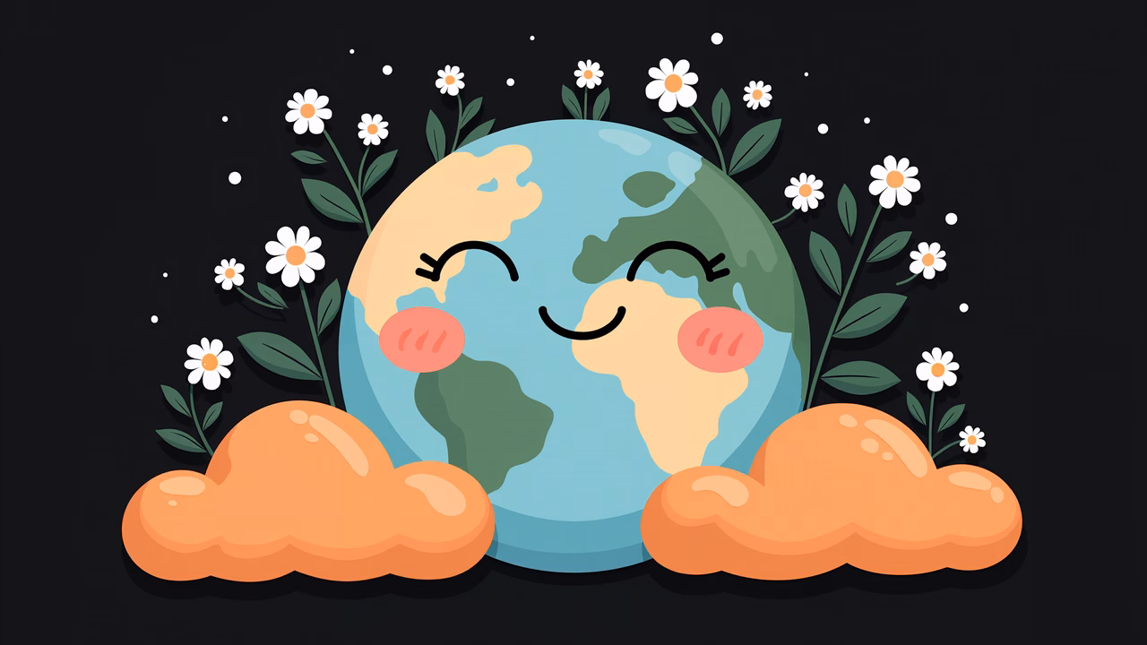 A cute Earth character with clouds and flowers, promoting environmental harmony.