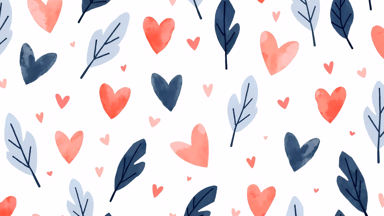 A sweet pattern of hearts and leaves in soft watercolors, ideal for Valentine's Day or celebrations of love and nature.
