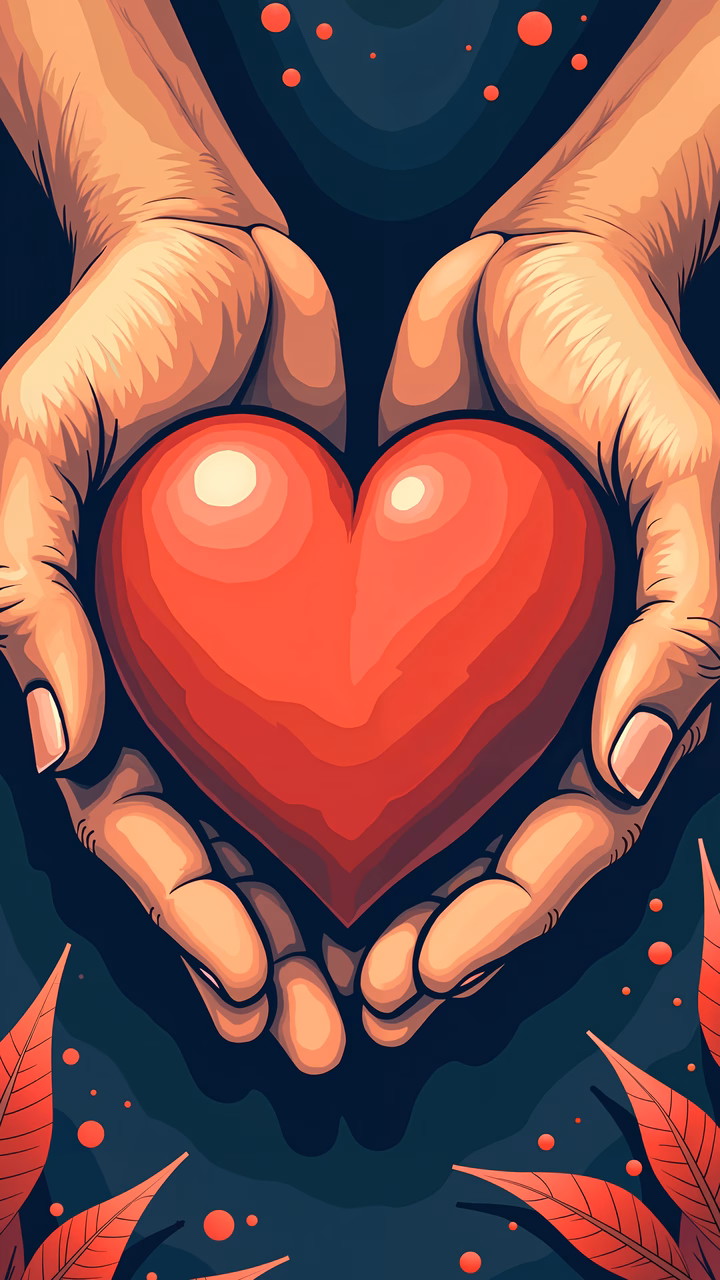 Warm-hearted hands holding a glowing red heart against a dark backdrop with red leaves and dots.