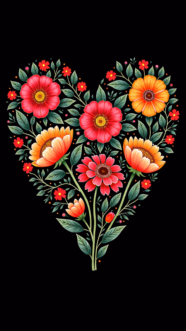 Vibrant heart-shaped floral illustration on a black background.