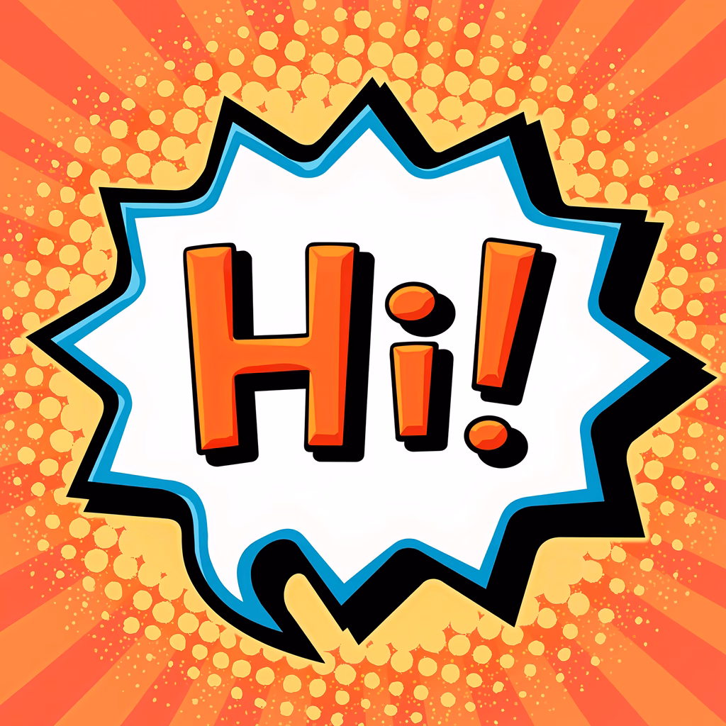 Bright, cheerful comic speech bubble with 'Hi!' text.