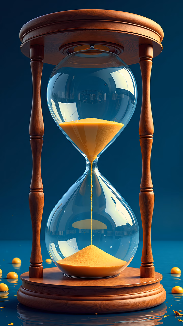 Golden hourglass with flowing sand on a blue background, symbolizing time passage.