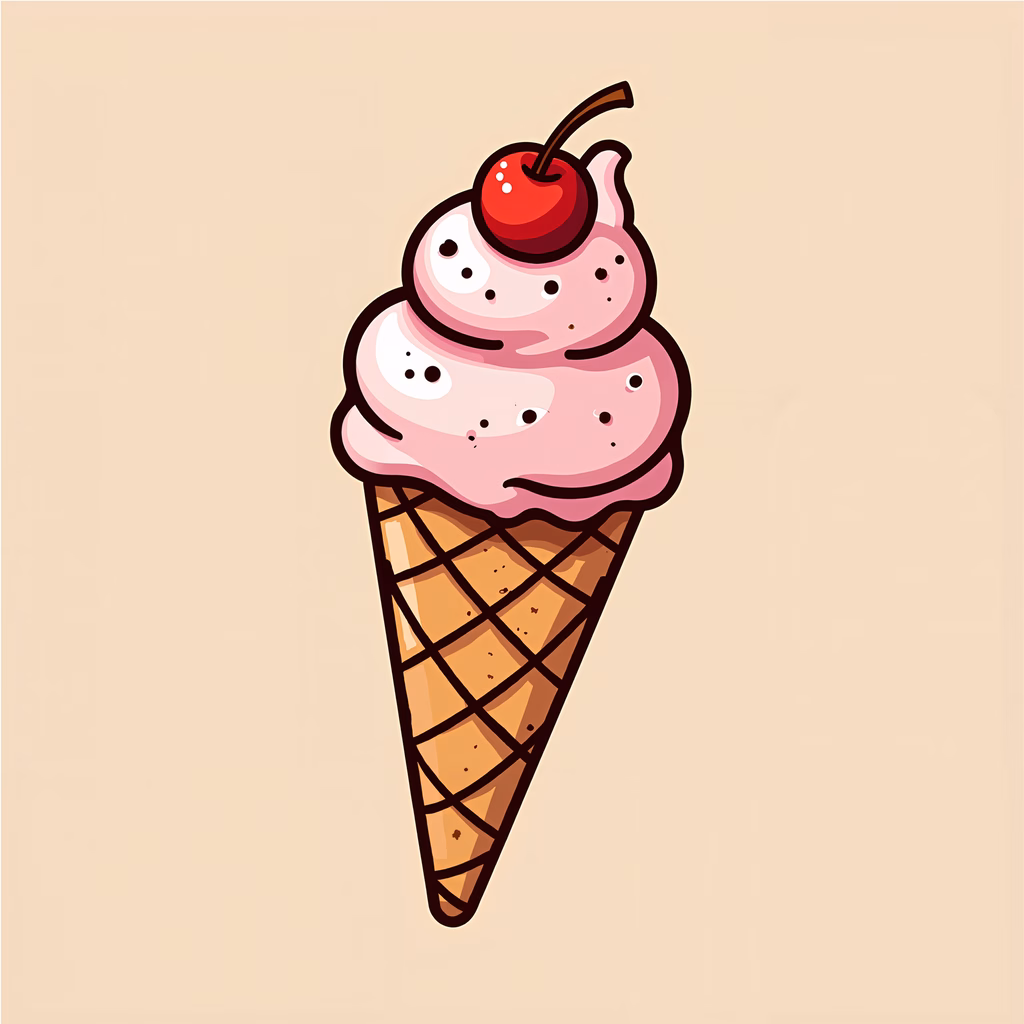 Delightful ice cream cone illustration with pink vanilla scoops and a cherry on top.