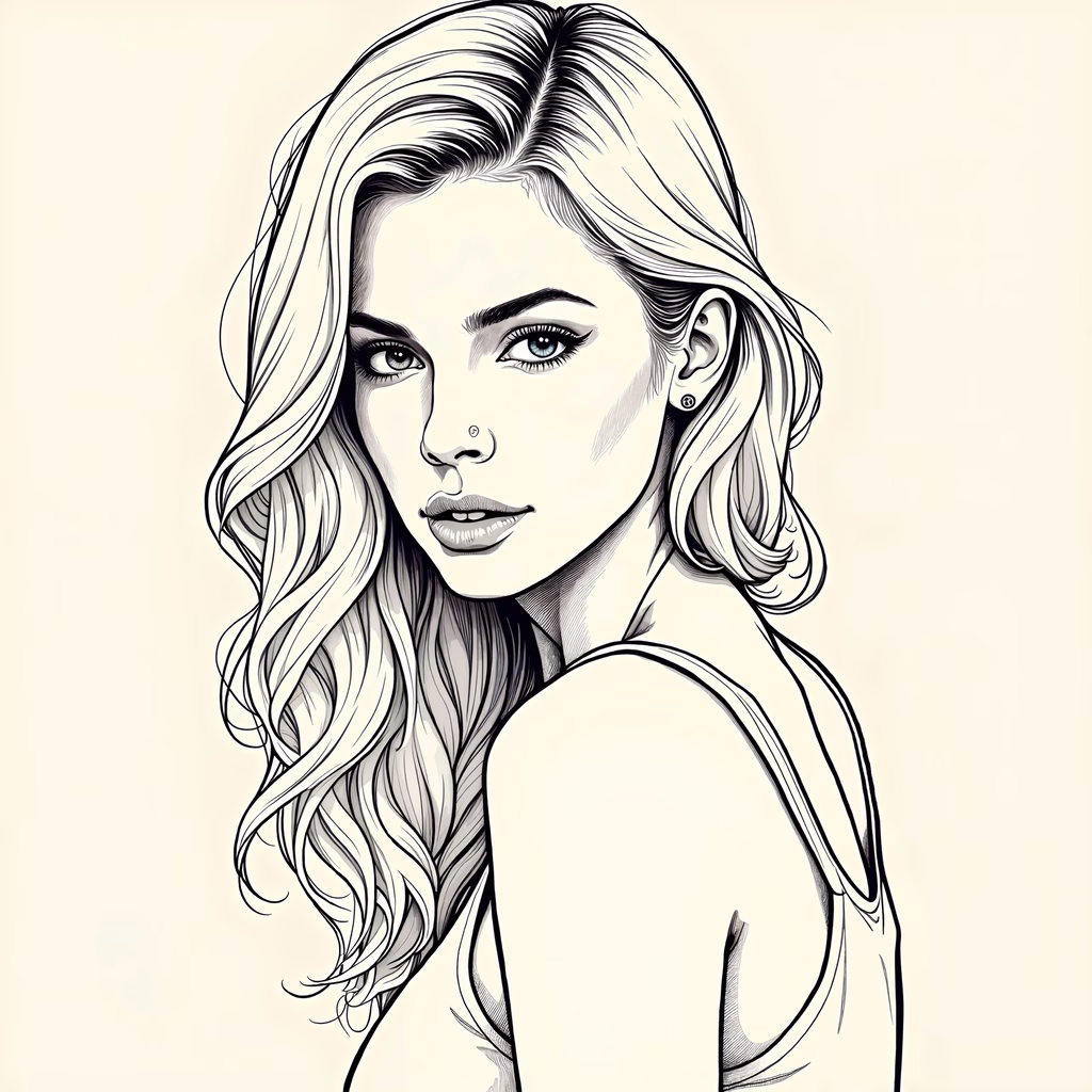 Detailed black-and-white illustration of a serene woman with flowing hair.