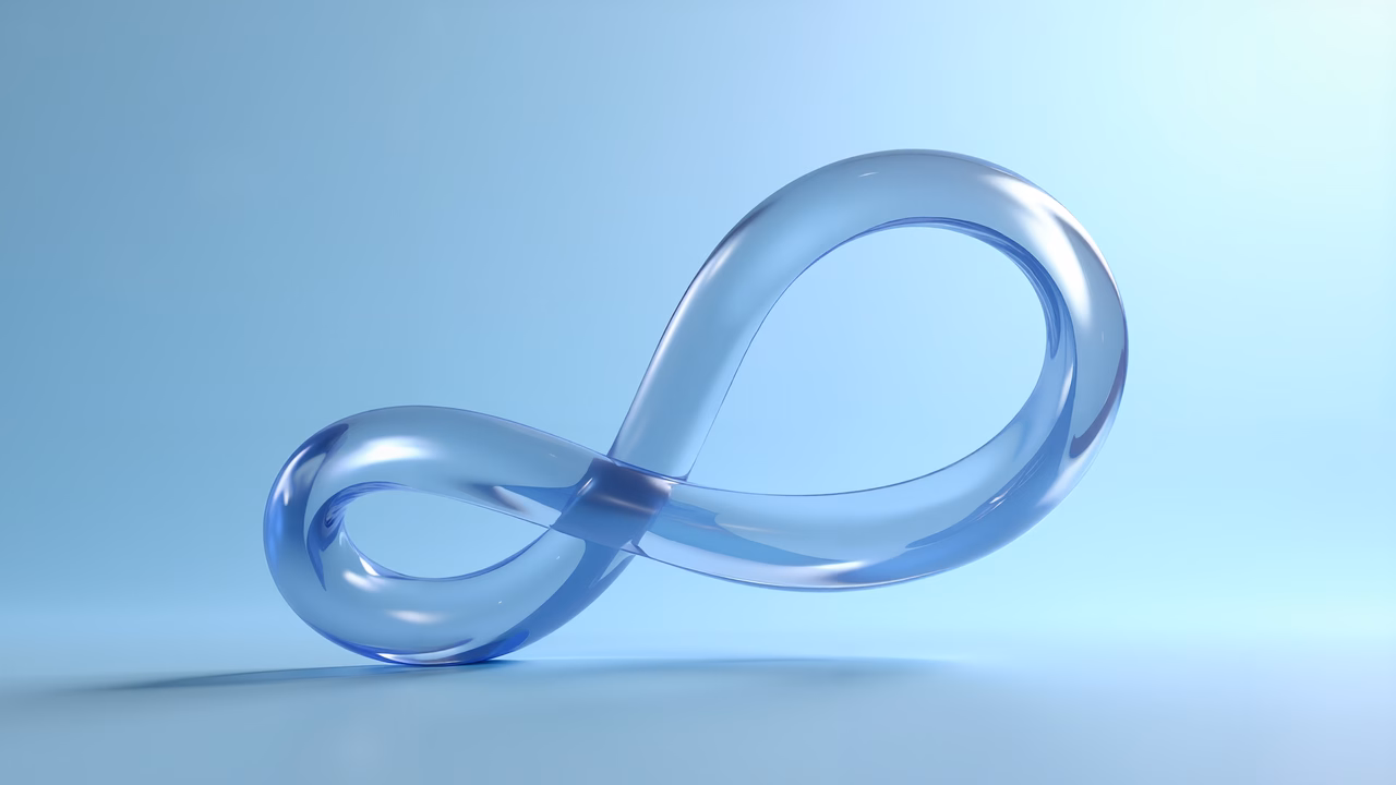 Transparent infinity symbol on a gradient blue background, minimalist design.