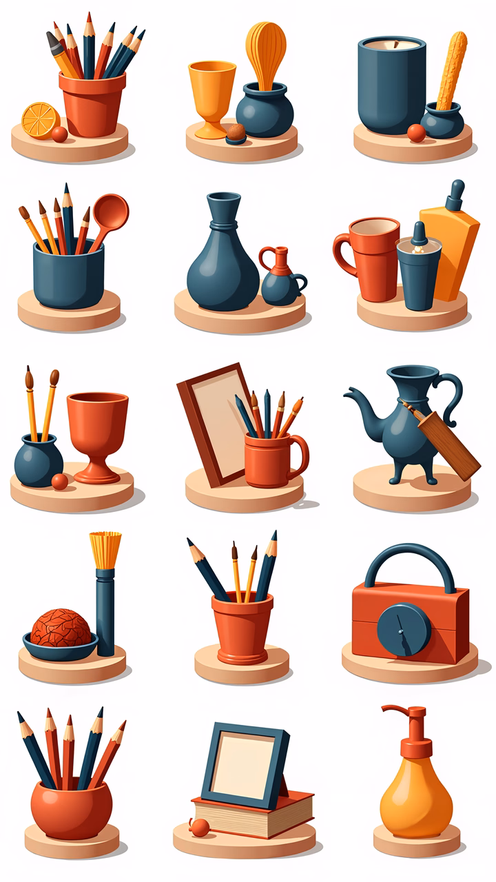 Vibrant kitchen utensil illustrations showcasing functionality and organization.
