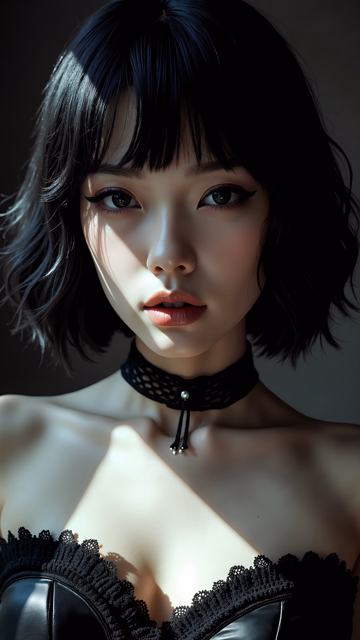 Elegant lace and delicate shadows create a mysterious and sophisticated portrait.