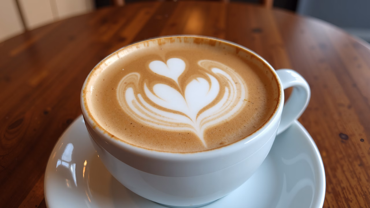 Close-up of latte art heart design on a cup of coffee, set against a wooden table.