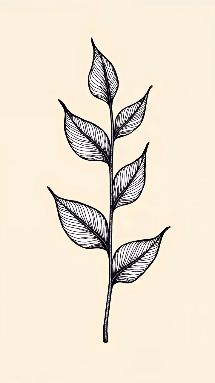 Minimalist black and white leaf illustration with intricate details on a neutral background.