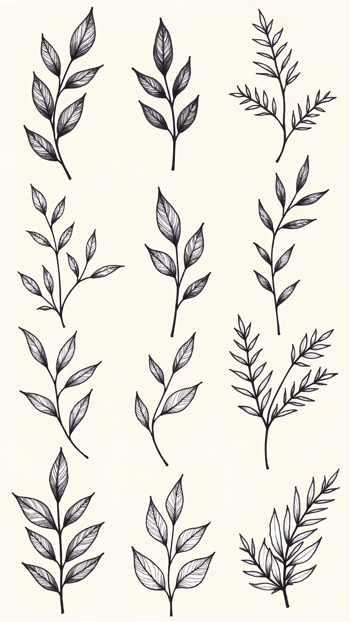 Detailed botanical illustrations featuring various leaf designs.