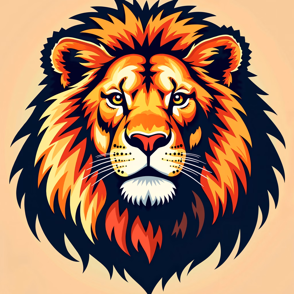 Vibrant lion illustration with bold colors and dynamic shading.