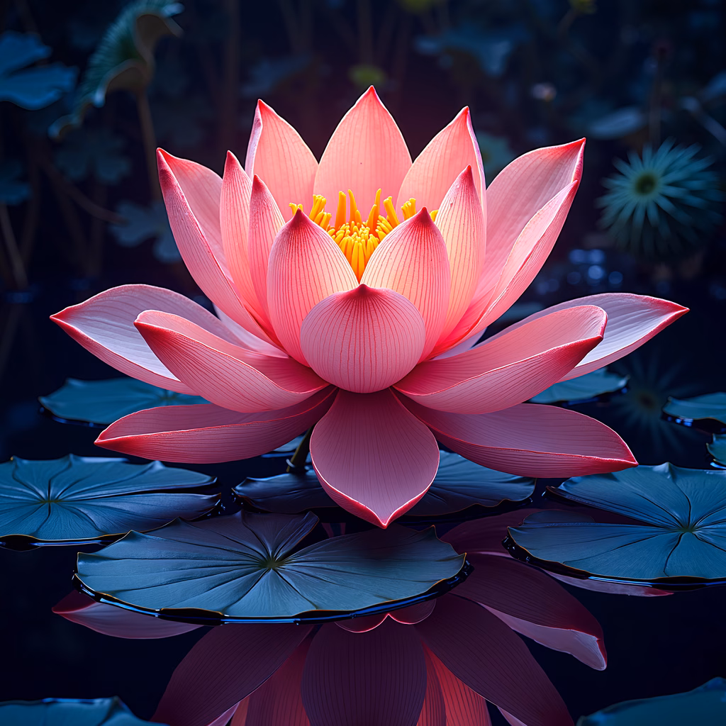 A detailed illustration of a blooming lotus flower with a dark background, symbolizing purity and tranquility.