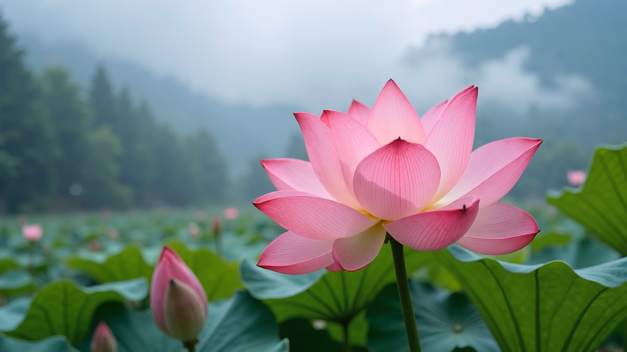 A serene pink lotus flower amidst greenery and misty mountains.