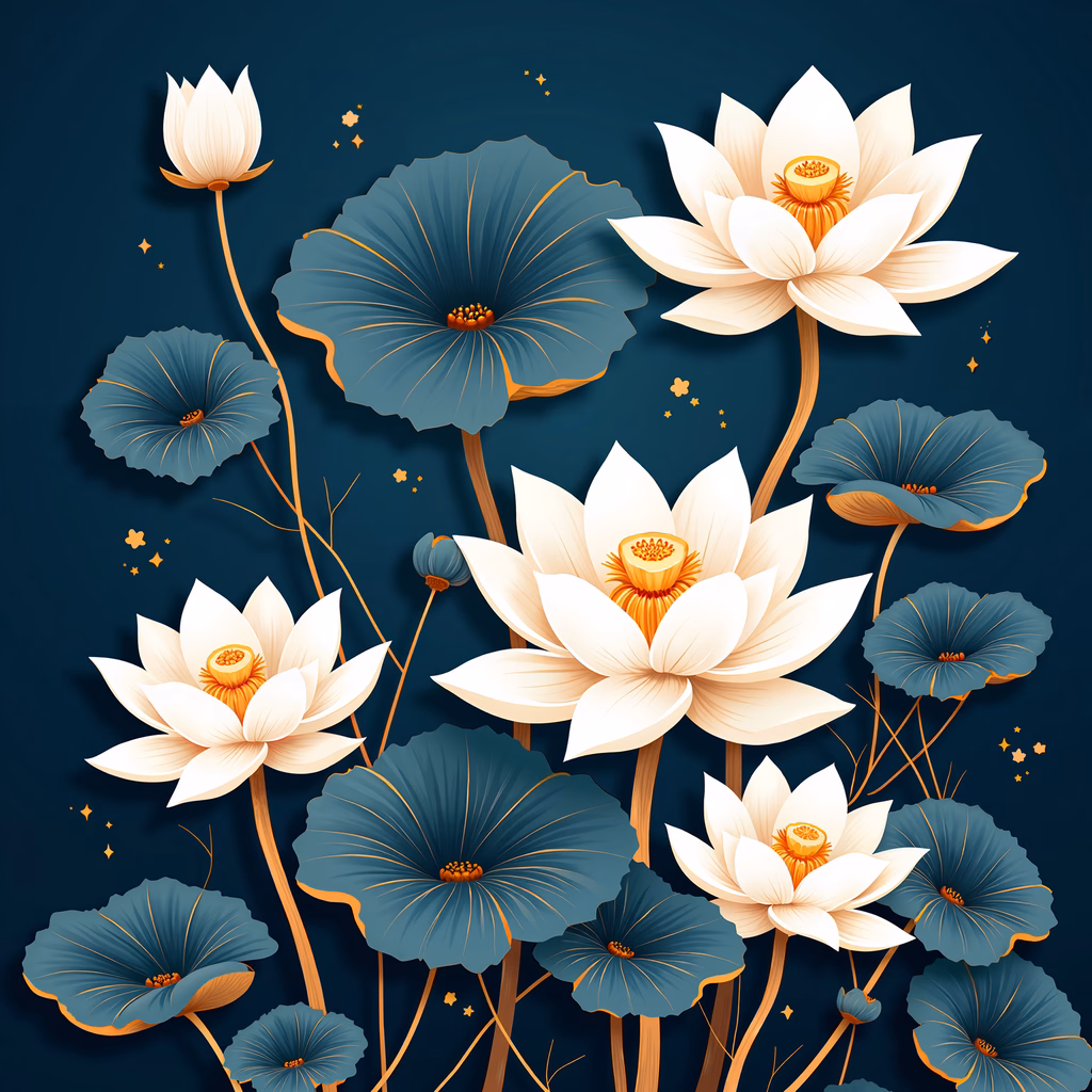 Elegant white lotus flowers with golden centers on a deep blue background, evoking serenity and purity.