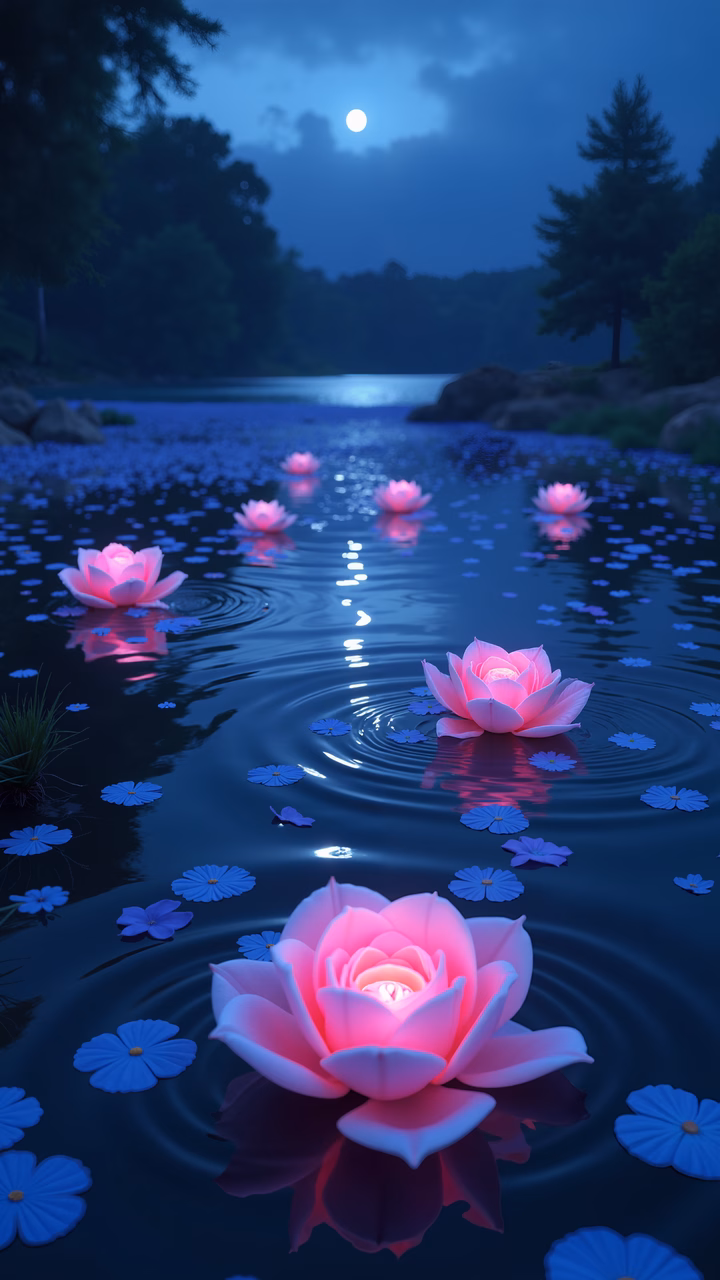 Enchanting night scene with luminous pink lotus flowers on a dark, rippling pond under moonlight.