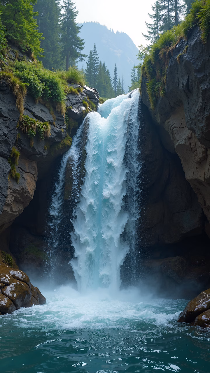 Epic turquoise waterfall surrounded by lush greenery and misty air.