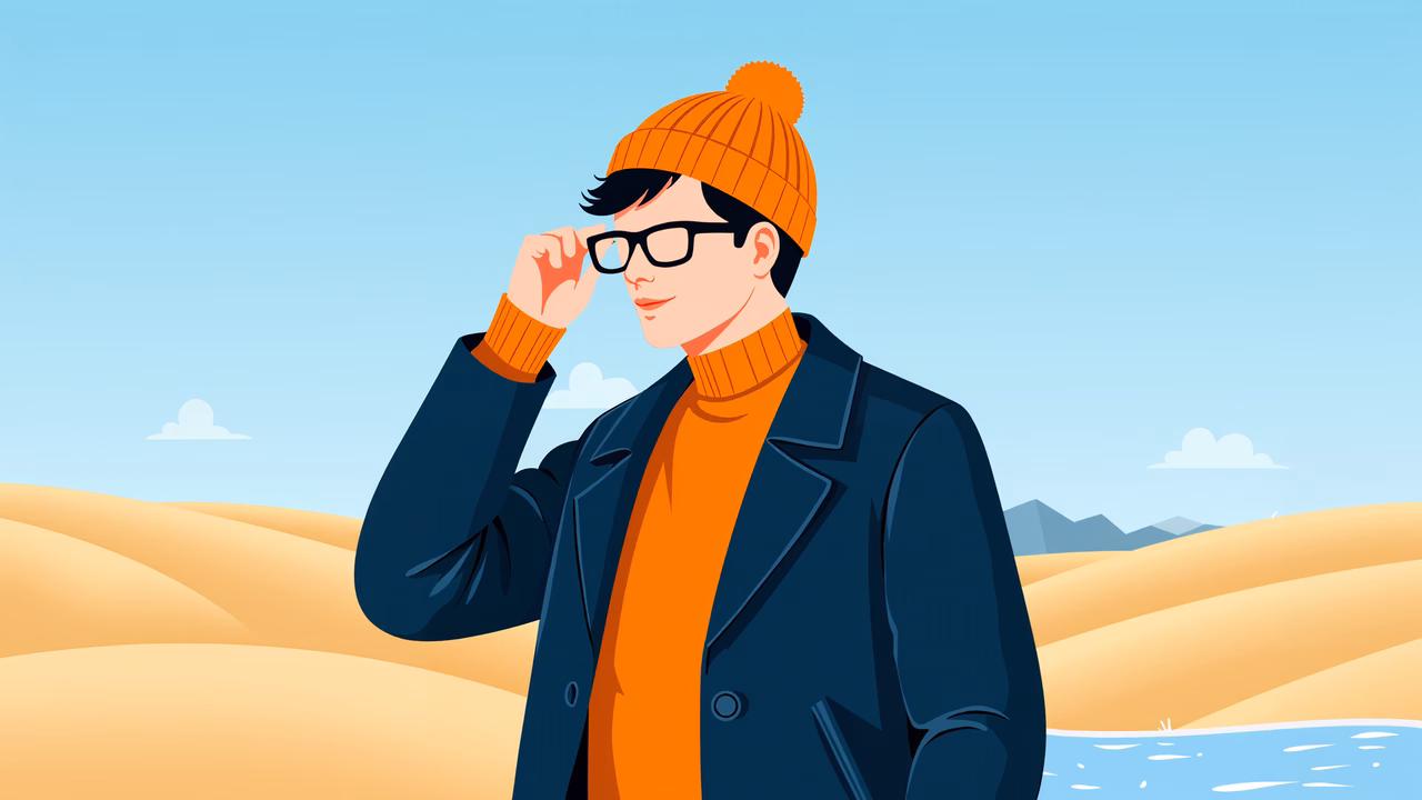 Thoughtful man in vibrant attire amidst serene desert sands.