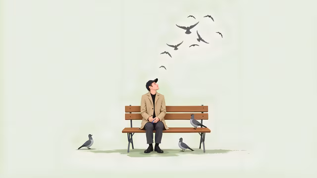 Man on Bench Observing Birds