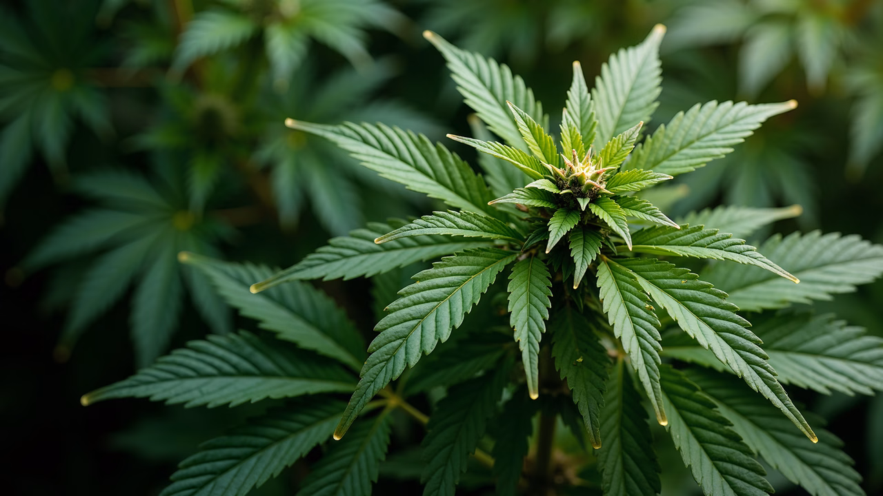 Close-up of a marijuana plant with detailed green leaves and a central bud.