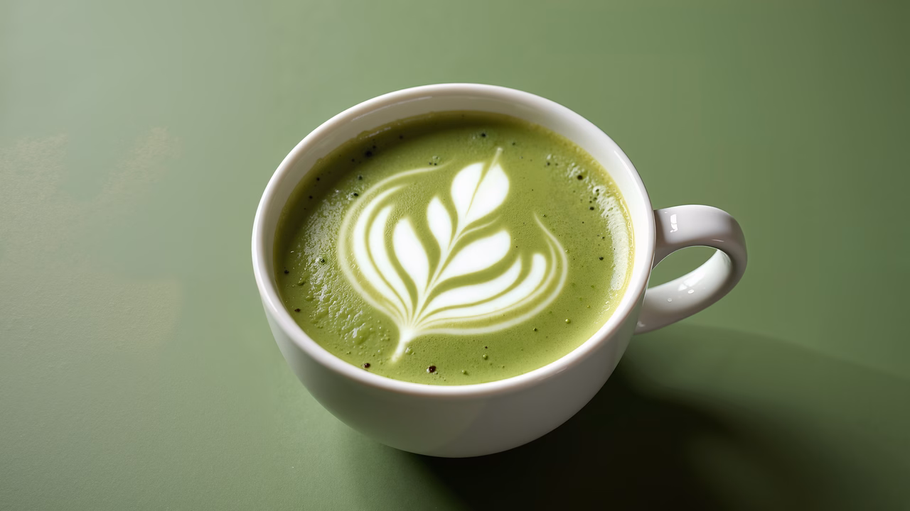 Delicate matcha latte art on a white cup, set against a soothing green backdrop.