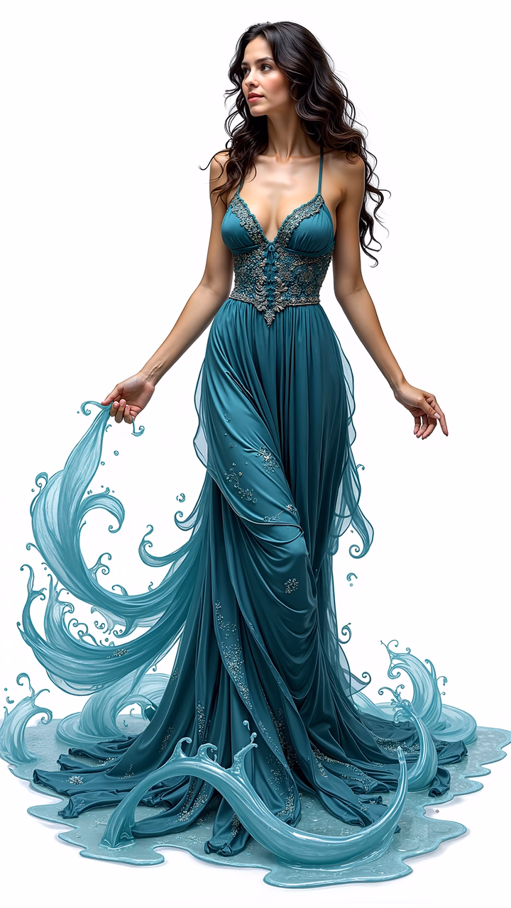 Elegant teal gown with water splashes, fantasy fashion illustration.