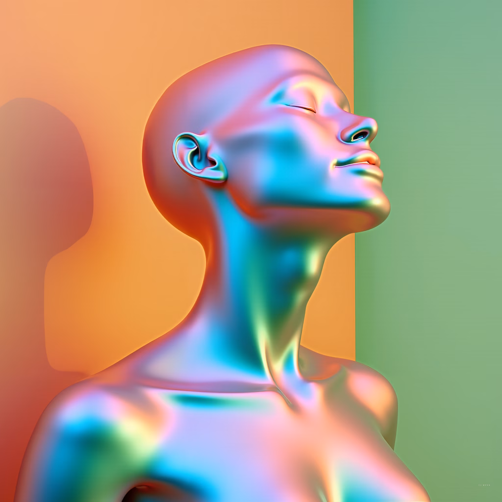 A serene metallic mannequin against a gradient backdrop, blending modern art with surrealism.