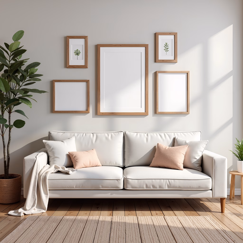 A cozy, minimalist living room with a white sofa and wooden flooring, featuring natural light and a gallery wall.