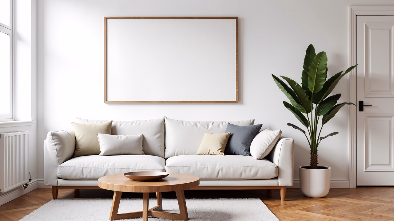 Modern minimalist living room with natural light and neutral tones.