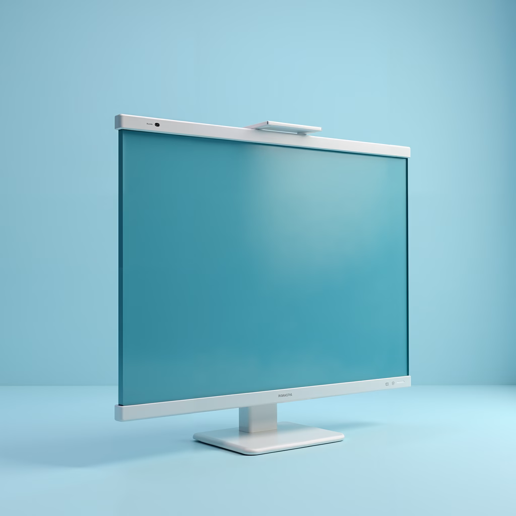 Sleek, minimalist monitor against a soft blue backdrop.