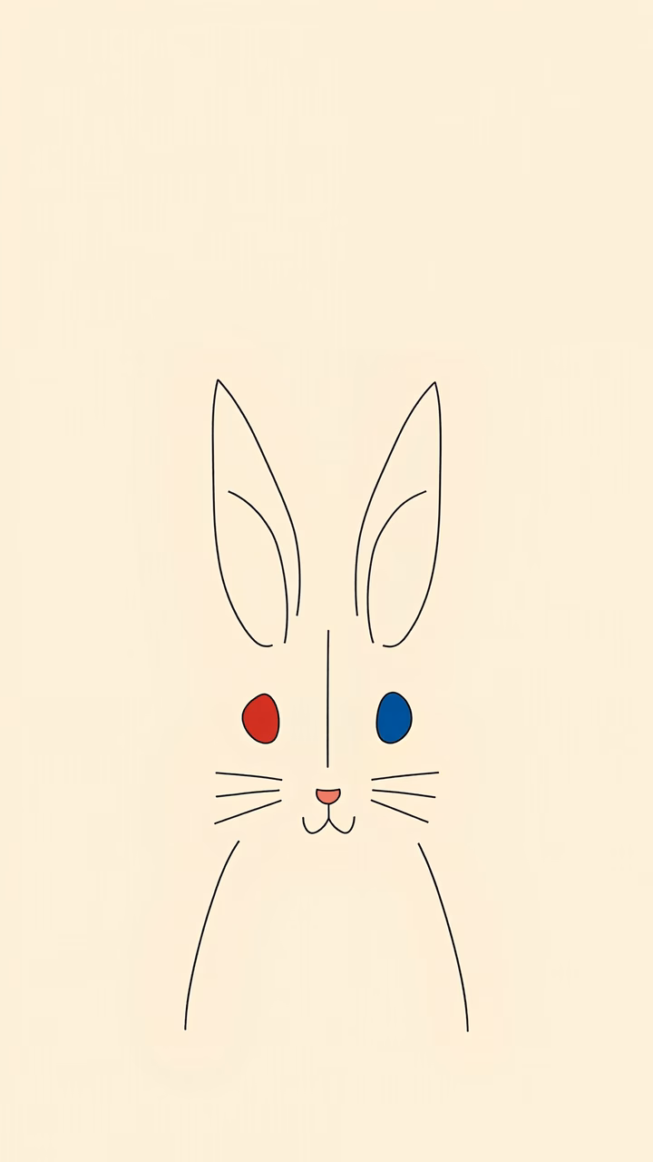 Minimalist rabbit with contrasting eye colors on a light beige background.