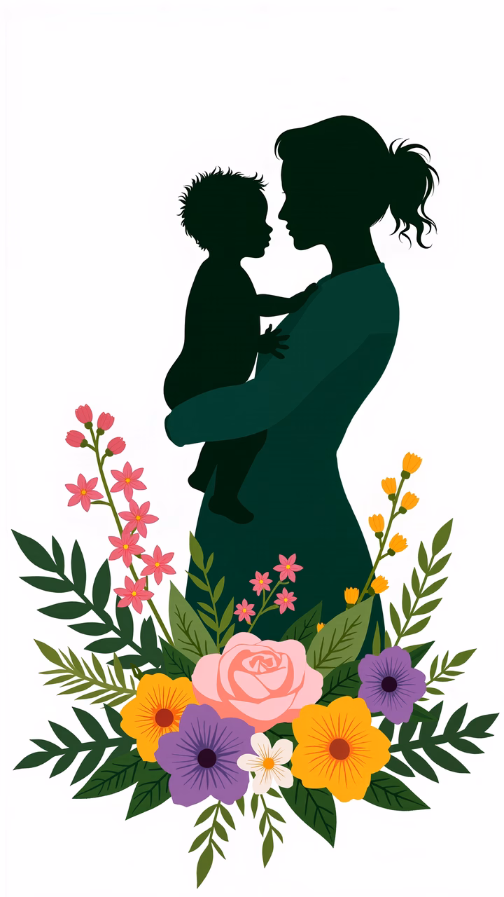 A heartwarming silhouette of a mother holding her child amidst a colorful floral arrangement.