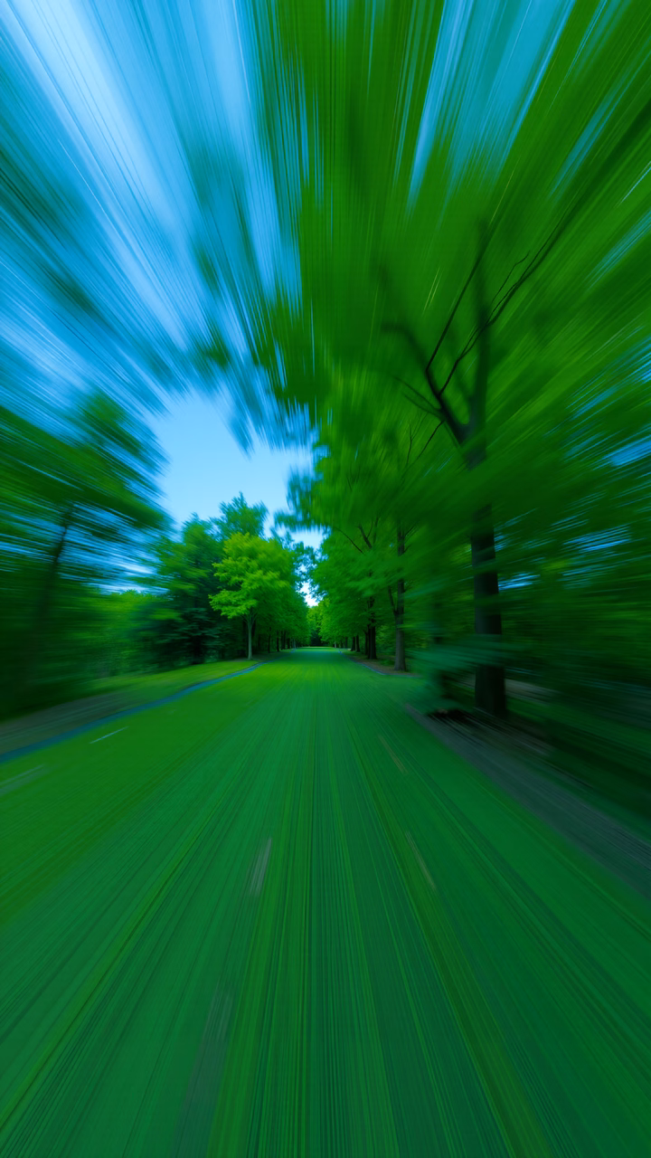 Dynamic motion blur in a lush forest setting.