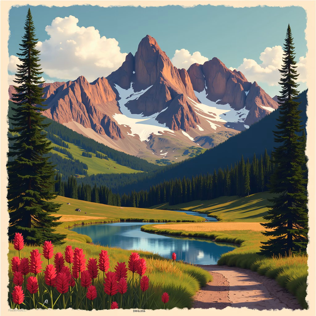 A picturesque mountain landscape with vibrant colors and a tranquil river.