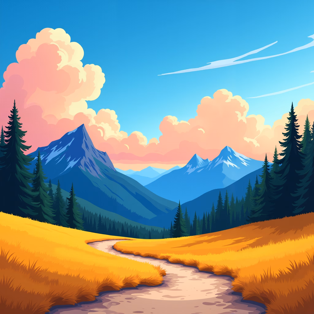 A picturesque mountain path surrounded by golden fields and towering evergreens under a soft pastel sky.