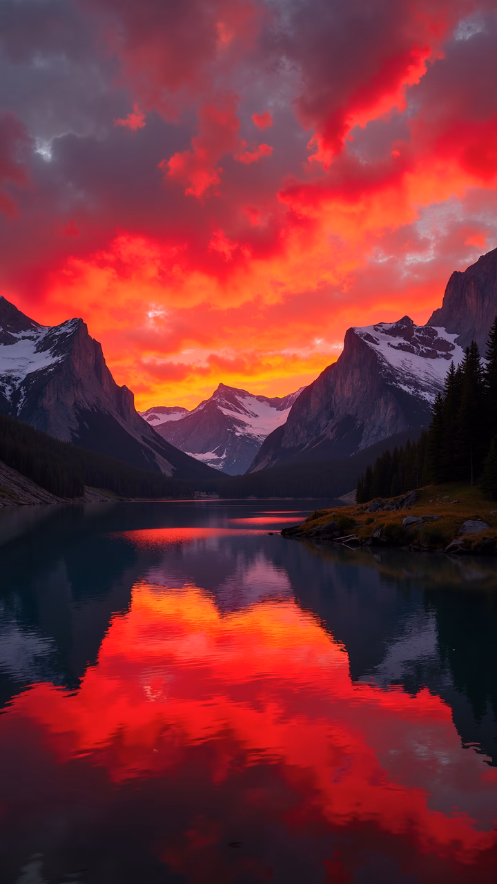 Vibrant sunset over a tranquil lake reflecting mountain silhouettes.