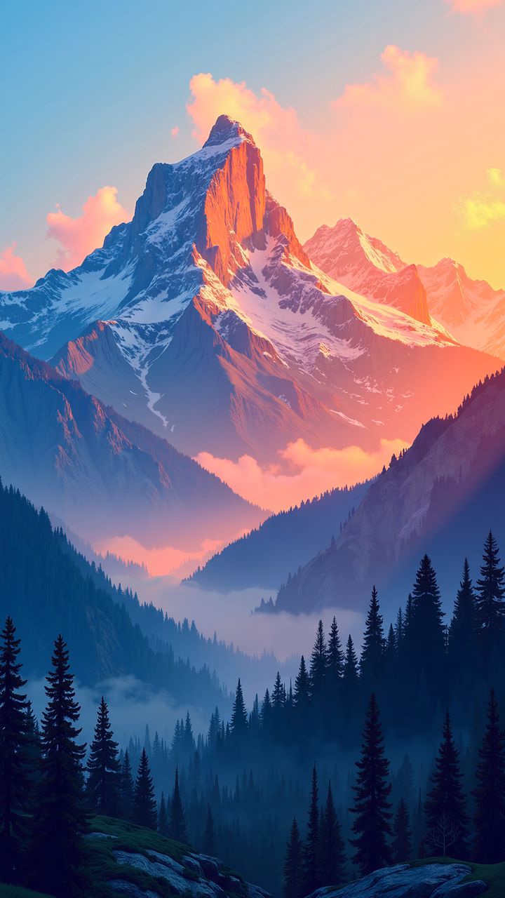 A tranquil sunset illuminates a mountainous landscape filled with evergreen forests.