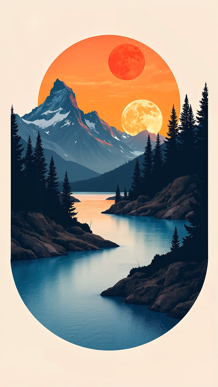 A tranquil sunset over a mountainous landscape with two full moons rising above the horizon.