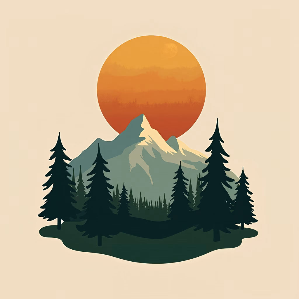 A tranquil mountain sunset with snow-capped peaks and pine trees.