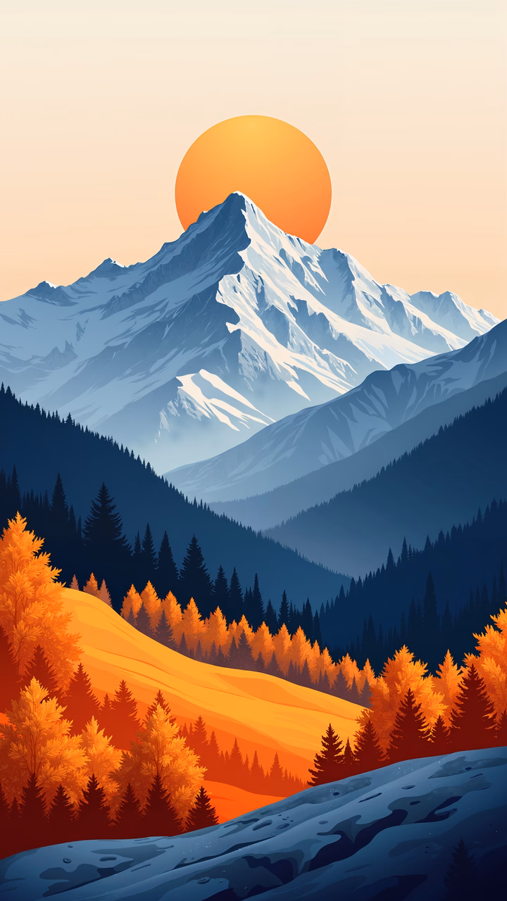 A tranquil mountain sunset scene with vibrant colors and majestic landscapes.