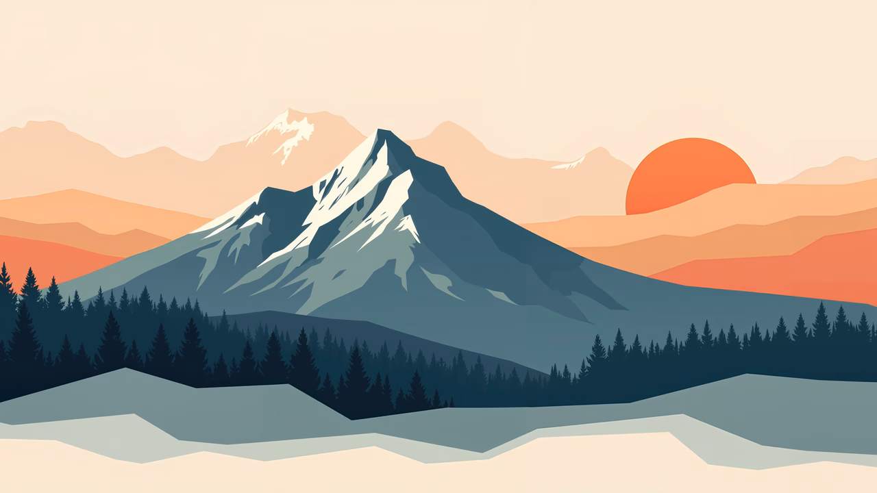 A peaceful mountain sunset with geometric peaks and evergreen trees.