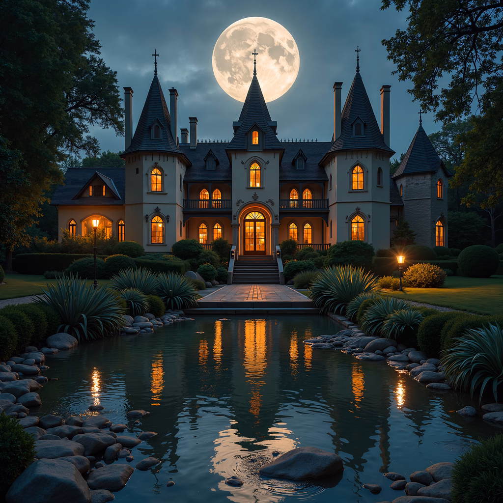 A mystical castle illuminated by moonlight, reflecting in a serene pond.