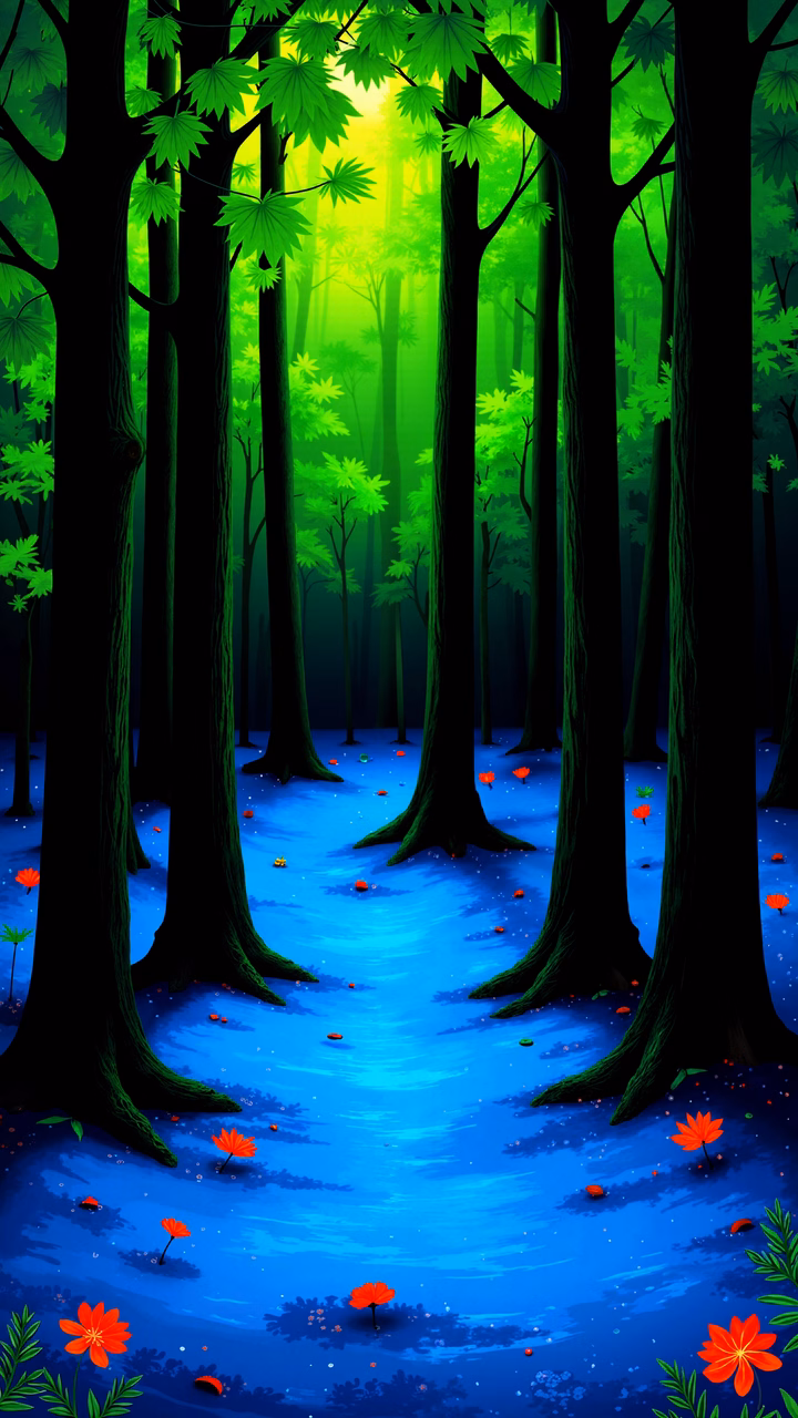 A tranquil, mystical forest scene with tall trees and vibrant red flowers on a blue ground.