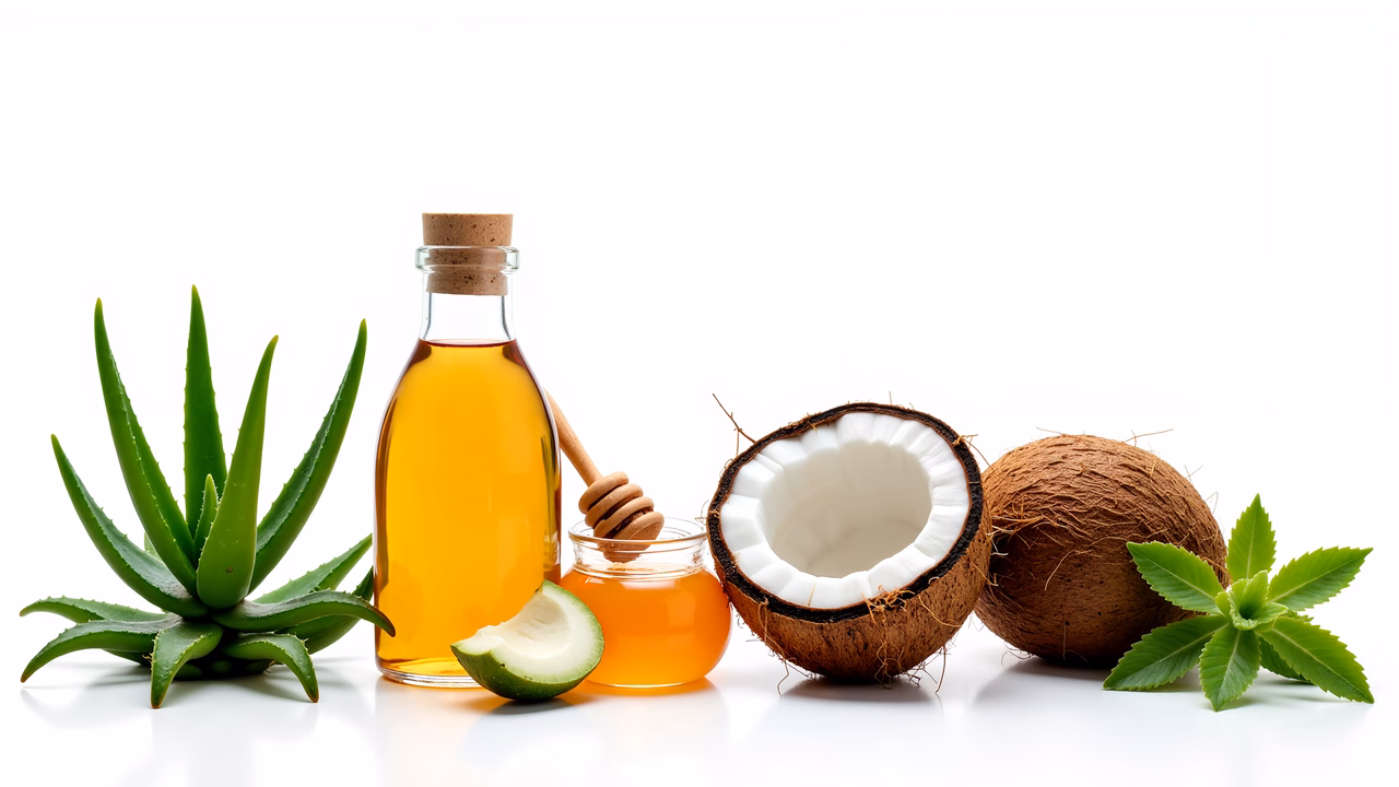 Natural ingredients for health and wellness, featuring oils, aloe vera, honey, and coconuts.