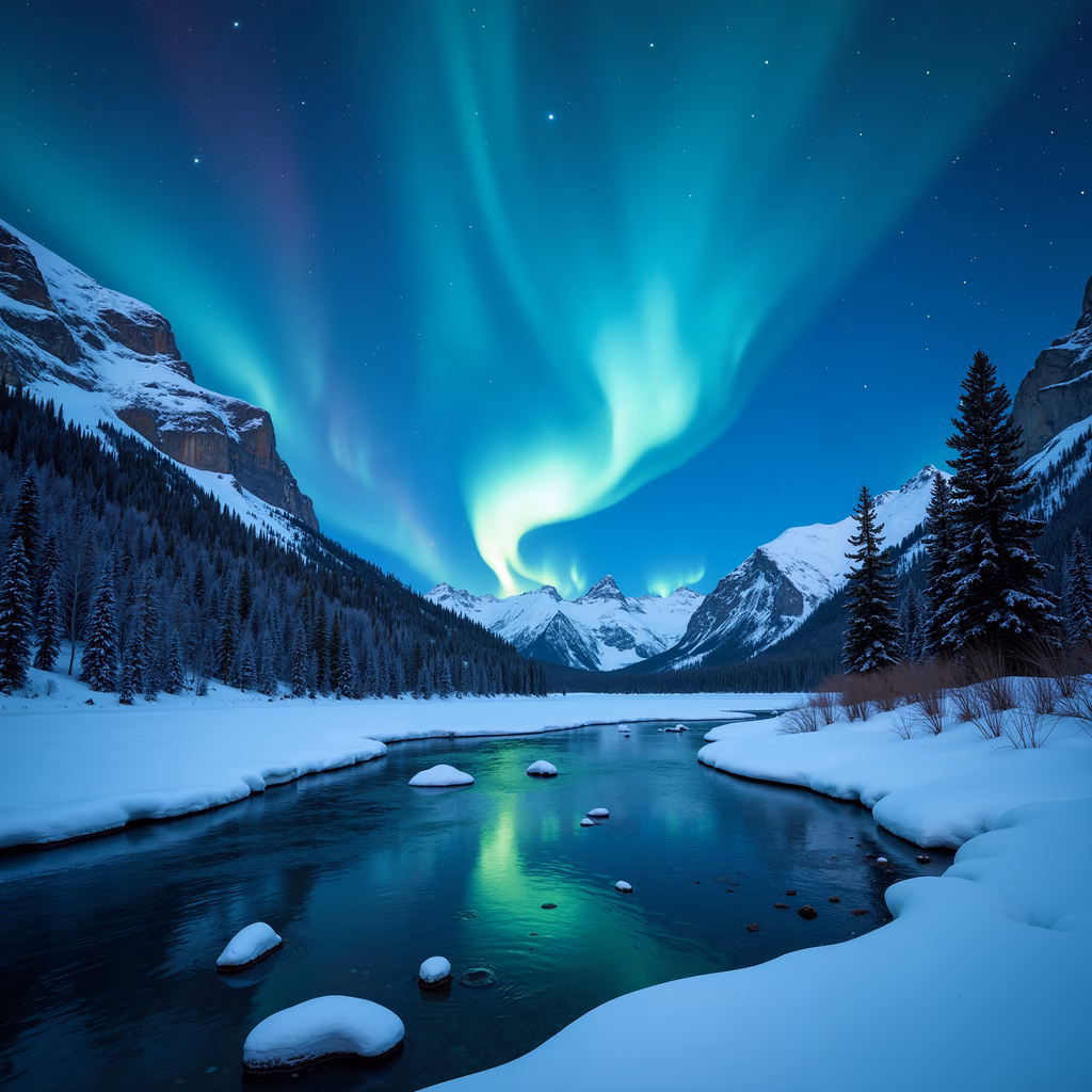 Northern Lights over snowy mountains, serene landscape, aurora borealis, winter wonderland