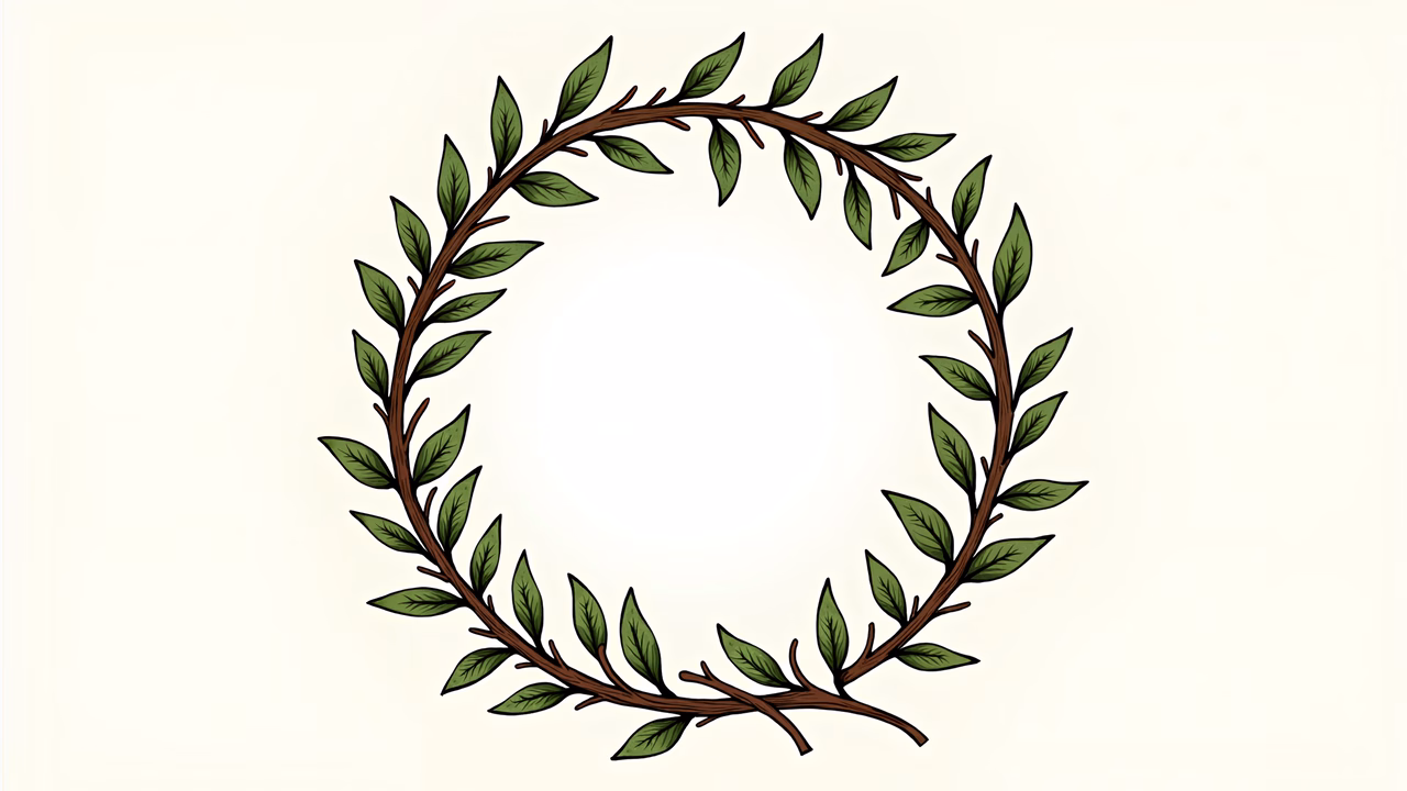 A symmetrical olive wreath illustration in soft, natural tones.