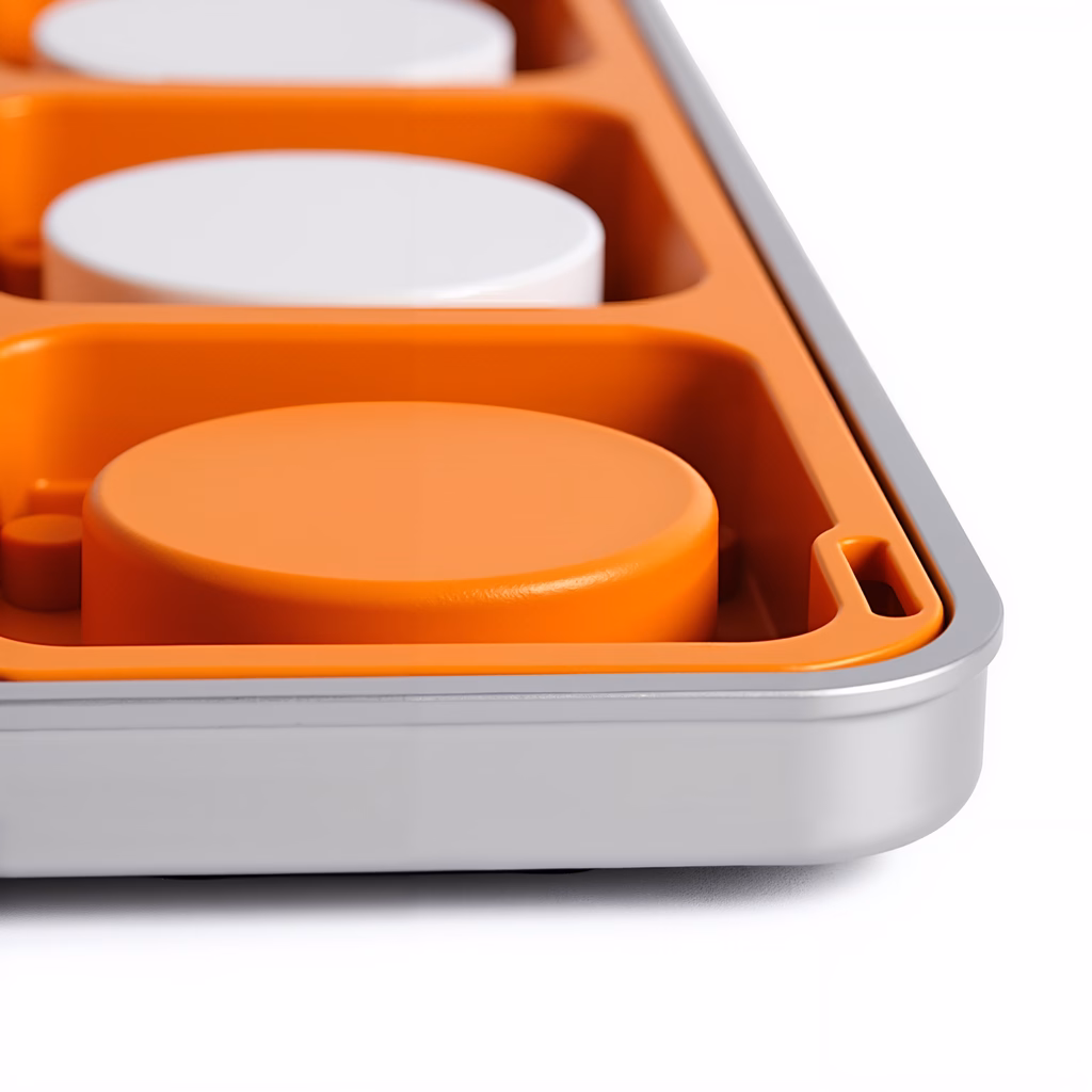 A stylish, metallic tray with orange compartments for a modern aesthetic.