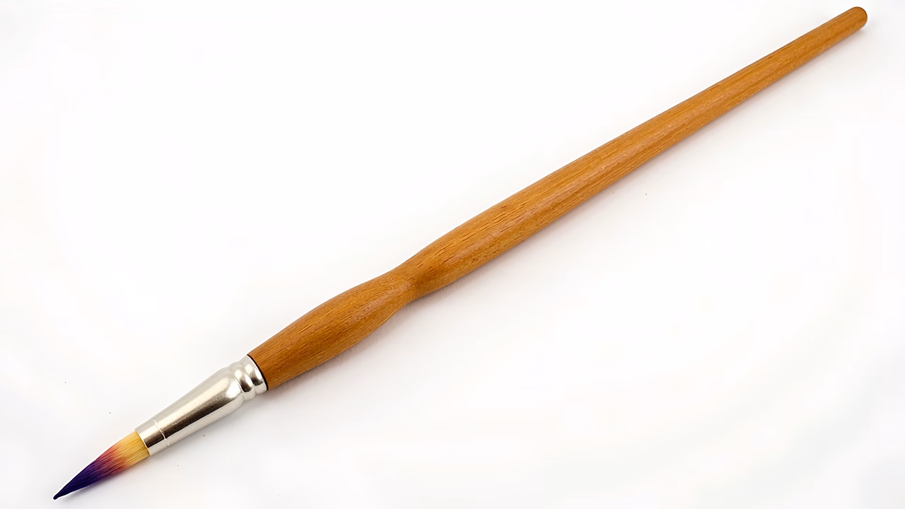 Close-up illustration of a paintbrush with wooden handle and colorful bristles on a white background.