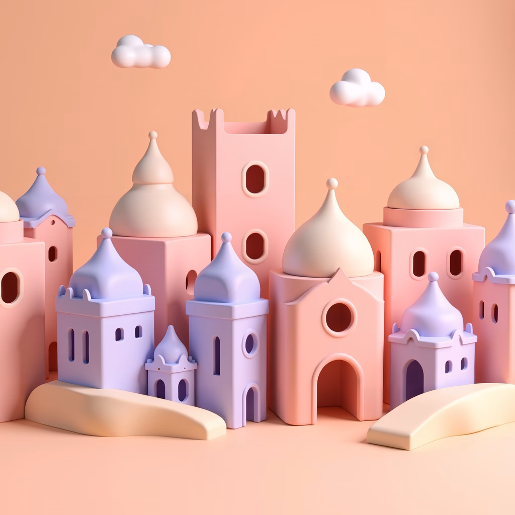 Whimsical pastel cityscape with domed buildings and towers in a serene, dreamy setting.